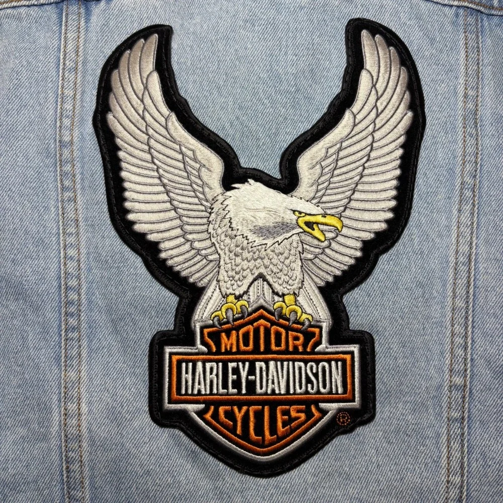 Vintage LEI Harley Davidson Eagle Patch Denim Vest Womens Large Light Wash 90s